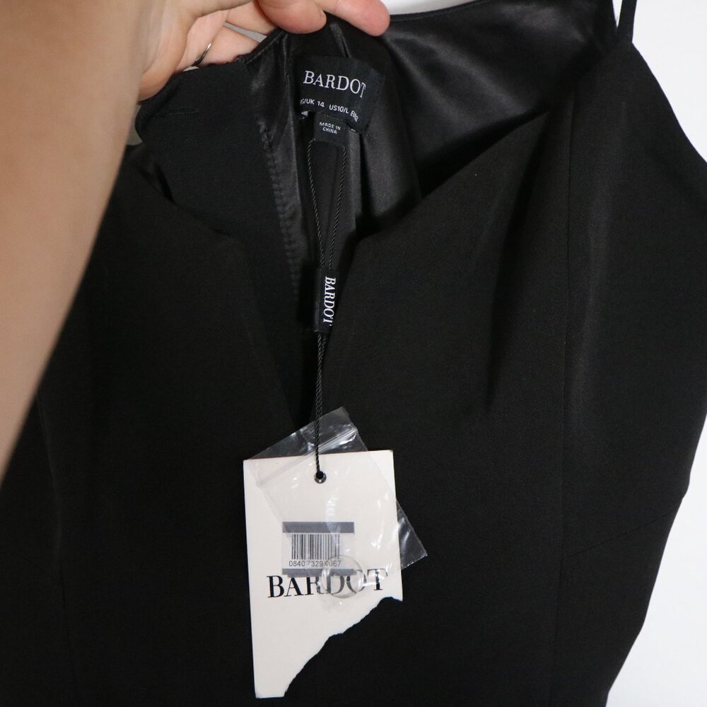 Bardot Kristen Peplum Dress 10 Large Black Cocktail Party Bodycon Sleek Ruffle - Picture 4 of 6